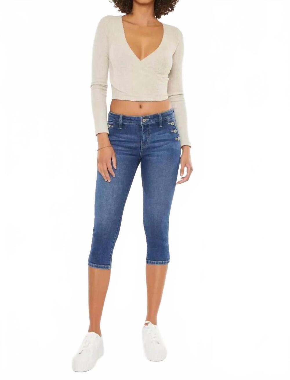NEW KANCAN pocket button mid rise capri jean in dark stone wash